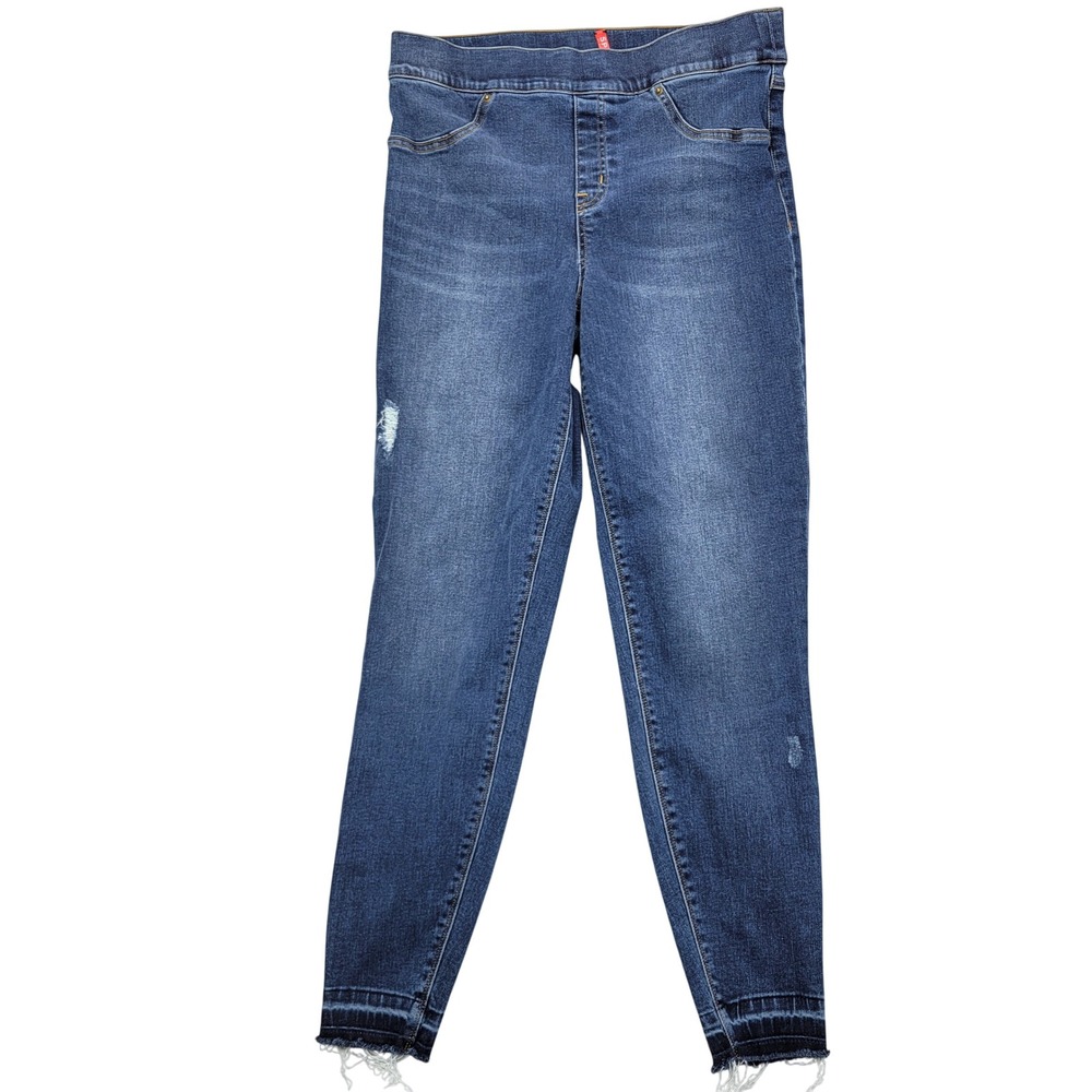 SPANX Women's Medium Pull On Denim Jeggings Medium Wash Distressed Frayed Hem